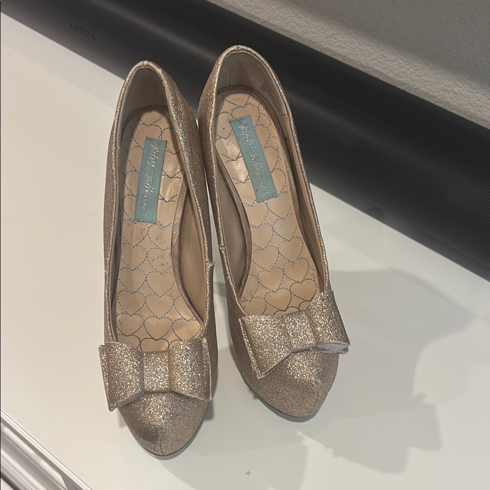 Betsey Johnson Gold Heels with Bow Detail